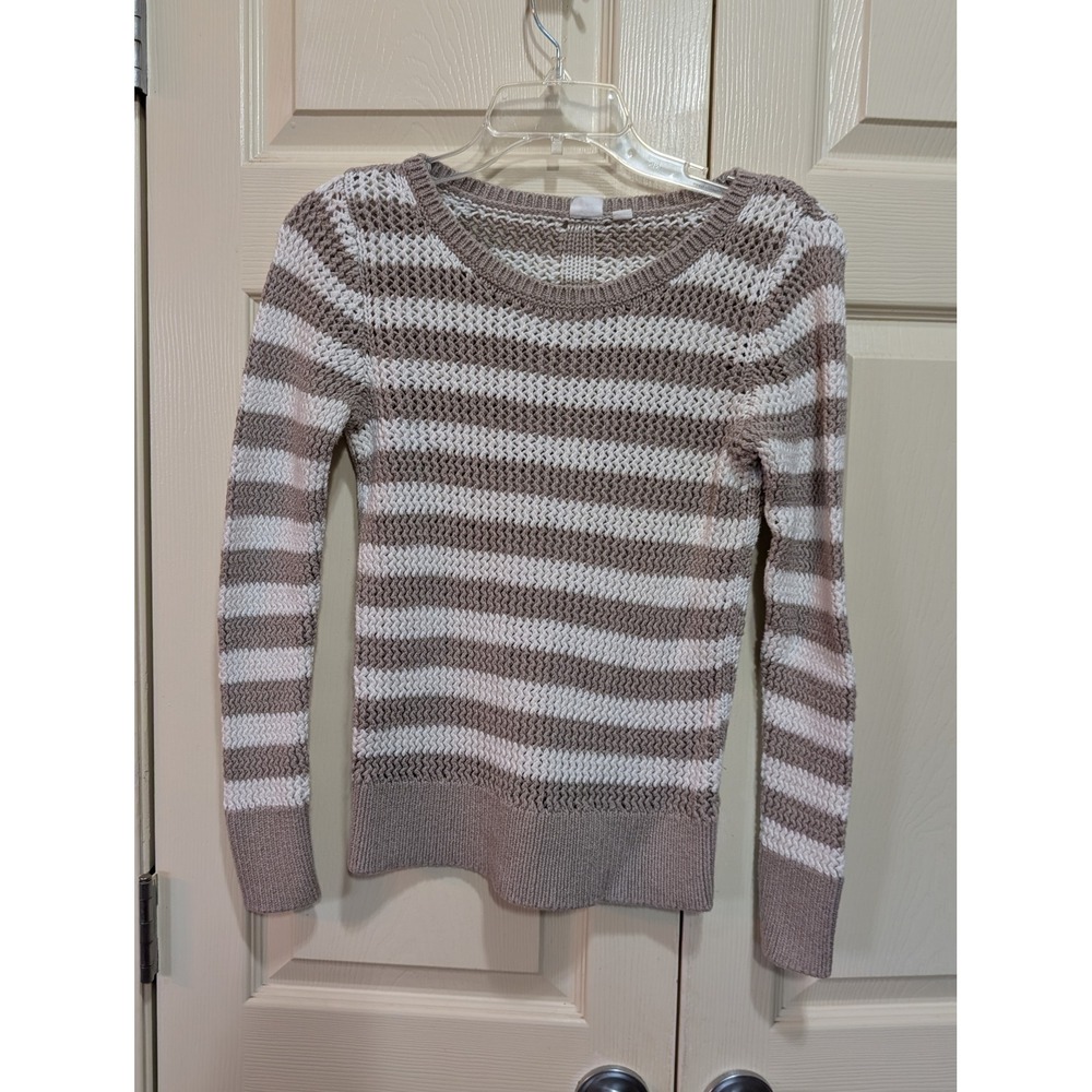 Gap Women Oatmeal  and White Striped chunky Mesh Knit Cotton Sweater S coastal